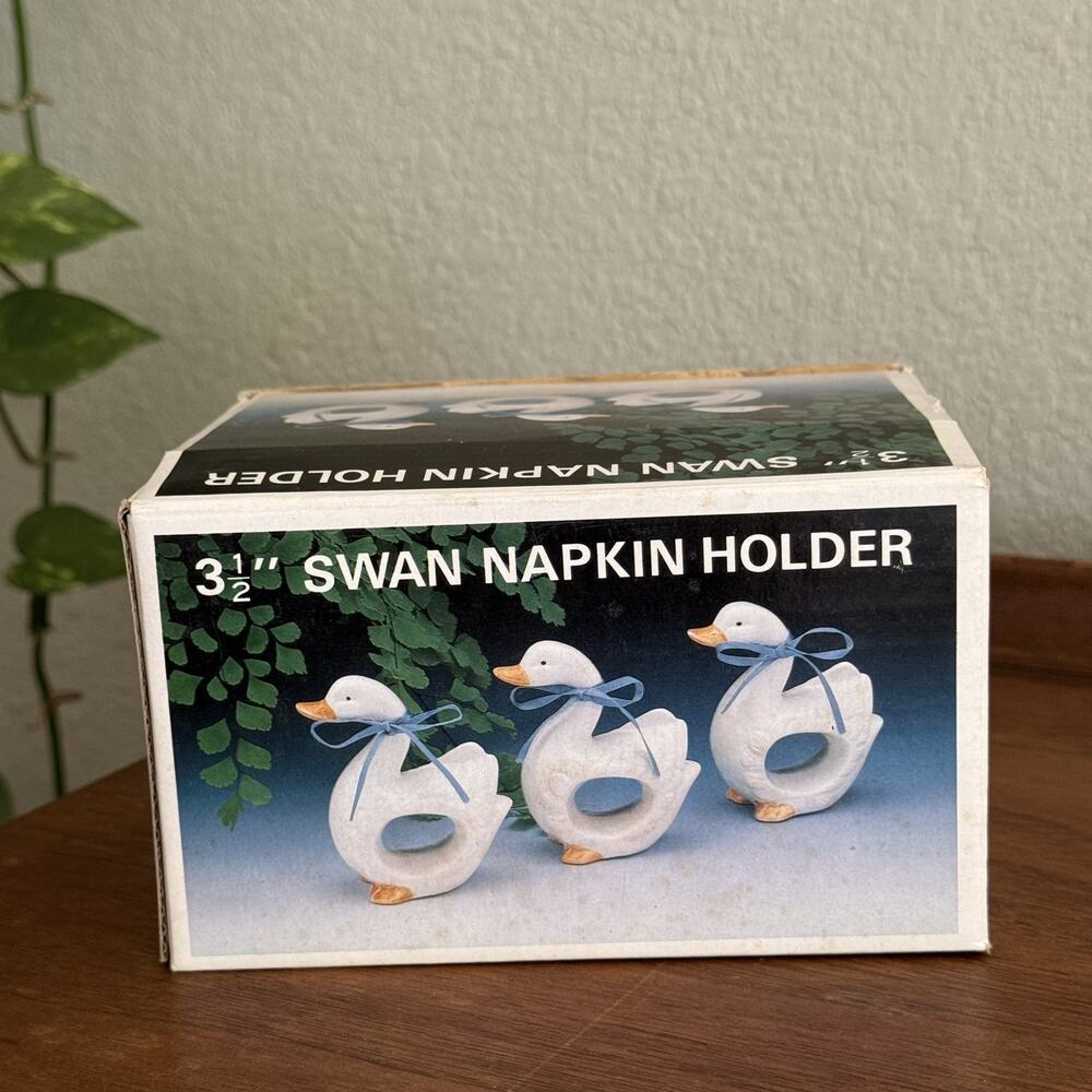 VTG Ceramic Duck Napkin Rings Set of 6 Hand Painted White Blue Ribbon Farmhouse